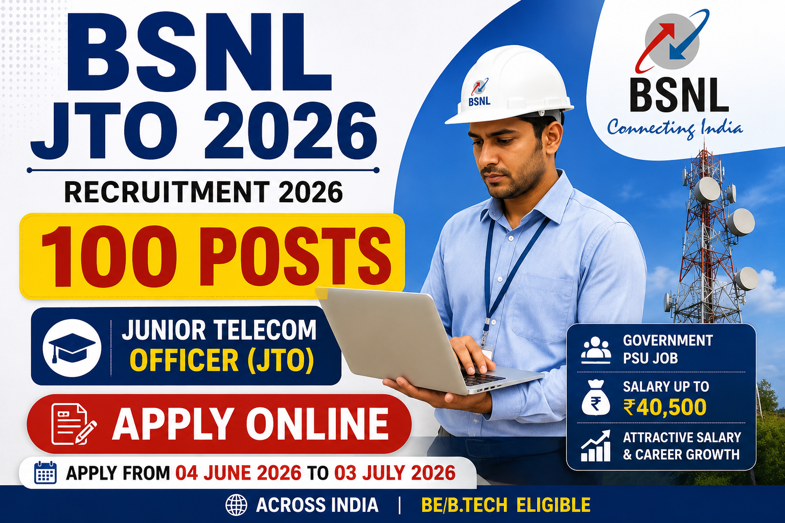 BSNL JTO Recruitment 2026 Notification For 100 Junior Telecom Officer Posts