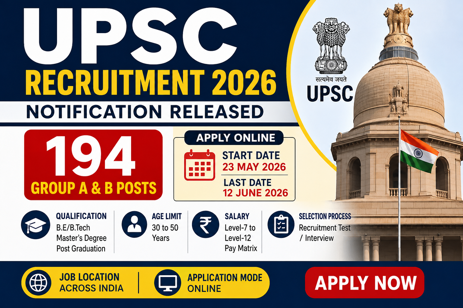 UPSC Recruitment 2026 Notification For 194 Group A And Group B Posts