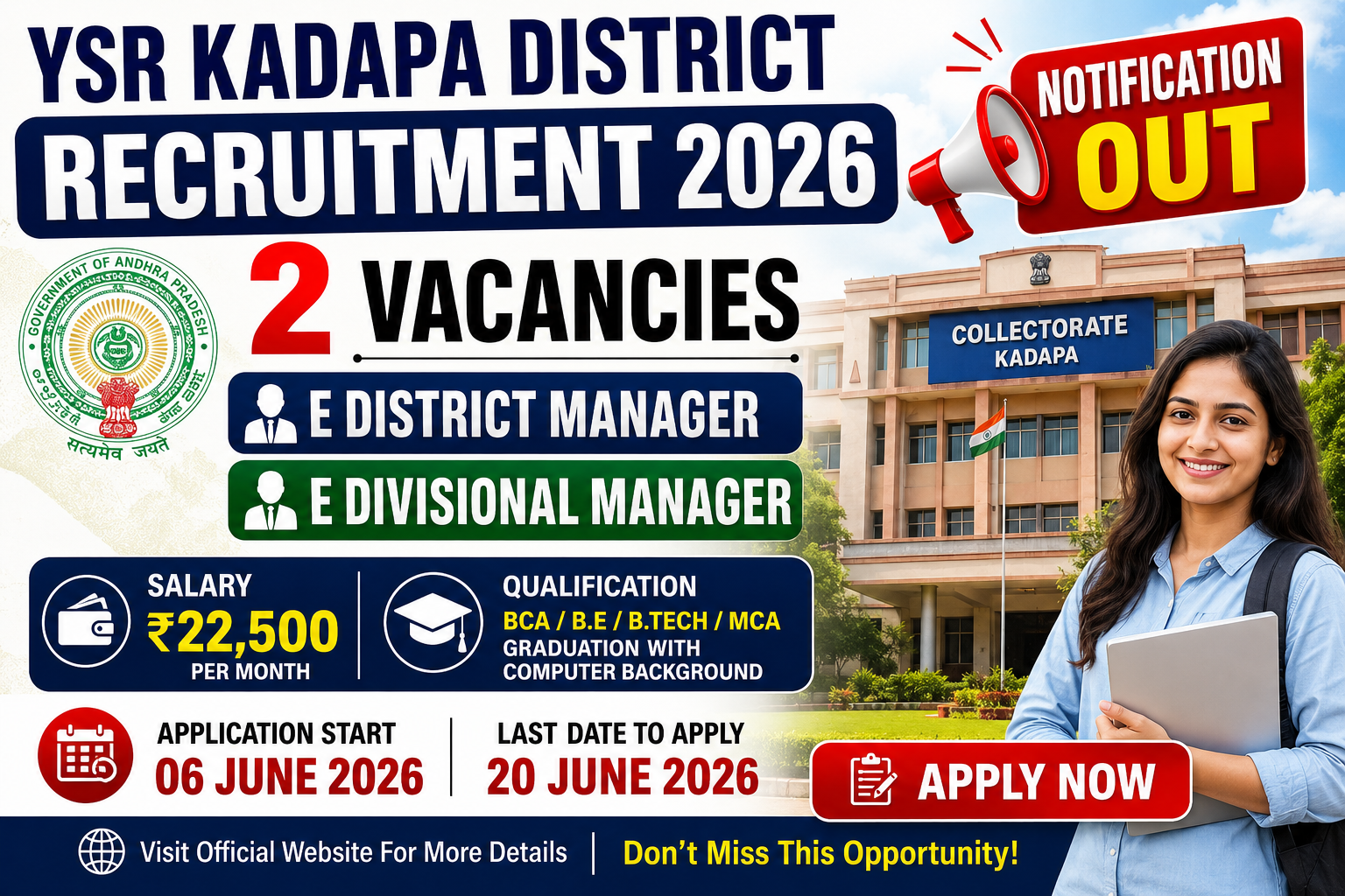 YSR Kadapa District Recruitment 2026 Notification Released For E District Manager And E Divisional Manager Posts Salary 22500 Per Month